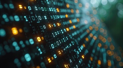 A close-up of streaming binary code on a digital interface, with a glowing bokeh effect, symbolizing complex data processing and computer programming.