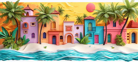 Wall Mural - Multicoloured illustration, view to the colorful houses and palm trees background. Travel and holidays concept.