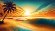 Abendrot oder Sonnenaufgang am Strand mit tropischen Palmen, als Vorlage oder Hintergründe in bunten Strukturen, wie Wellen oder Sanddünen 