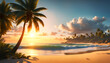 Abendrot oder Sonnenaufgang am Strand mit tropischen Palmen, einem Ozean oder Meer aus türkisen Wasser mit Wellen und einem weiten Himmel mit Sonne Wolken in bunten Farben schöner Urlaub Insel Küste