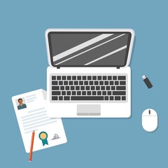 Poster - portatile laptop penna usb mouse cv curriculum vitae con matita tesserino medico badge bolletta luce acqua gas scontrino finanza contratto 