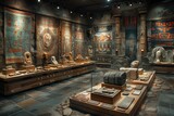 Fototapeta  - Vibrant mosaics and ancient sculptures line the museum hall, narrating a silent history, their colors preserved under the watchful lights, a testament to the diligence of archaeologists.