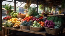 Grocery Variety: Fresh And Raw Produce Neatly Arranged At Market Stalls, Providing A Range Of Healthy Options.