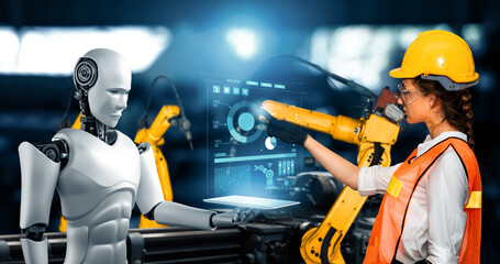 Sticker - XAI Mechanized industry robot and human worker working together in future factory. Concept of artificial intelligence for industrial revolution and automation manufacturing process.