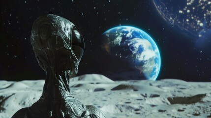 Wall Mural - closeup photo of an alien from behind, standing on the moon and looking up at planet earth