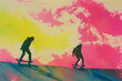 two silhouettes of skaters in a colorful wash illustration young people skateboarding fashion streetwear blue pink yellow style teenagers on skateboards youth having fun in a skate park friends
