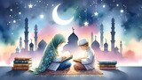 Fototapeta  - Watercolor illustration for ramadan with two children in traditional attire reading a quran under a starry sky with a crescent moon.