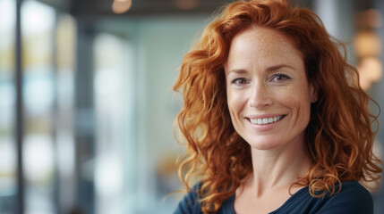 Sticker - smiling woman with red curly hair and freckles, wearing a dark blue top, standing in an indoor setting that appears to be a modern office or business environment.