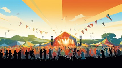 Wall Mural - Glastonbury stage with silhouettes of people watching the festival. Held every year at Worthy Farm in Pilton, Somerset, U.K. commemorate Glastonbury Festival.illustration