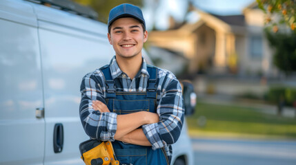 Wall Mural - smiling man with a beard, wearing a blue cap, a plaid shirt, and a blue overall with a tool belt, standing confidently with his arms crossed in front of a white van.