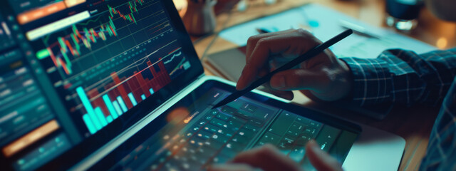 Sticker - An individual's hands using a stylus on a tablet with financial analysis graphs on the screen, placed on a desk with printed data charts, in a brightly lit office environment.