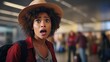 Frightened Traveler at Airport: Mulatto Girl in Straw Hat