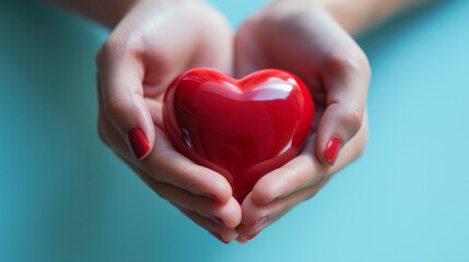 Sticker - two hands gently holding a glossy red heart against a soft blue background, symbolizing care, love, and health.