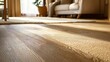 A warm interior design featuring light wooden laminate parquet flooring, complemented by a soft beige carpet