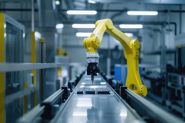 Fototapete - Robotic arm for electronic assembly line. Smart modern factory automation using advanced machines.