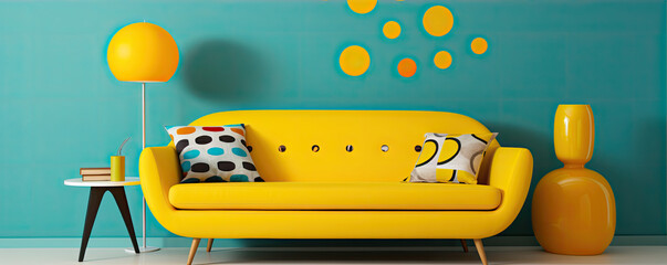 Poster - Modern living room design and yellow sofa on blue green background.