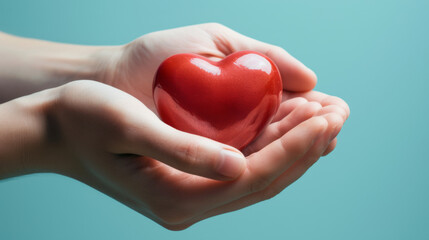 Sticker - two hands gently holding a glossy red heart against a soft blue background, symbolizing care, love, and health.