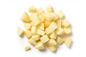 Wall Mural - Diced Boiled Potato Pile Isolated, Chopped Potatoes, Cooked Cubed Potato on White