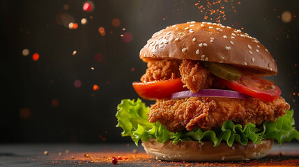 Wall Mural - delicious juicy chicken burger on a dark background