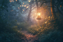 Friendly Lantern Lighting Empty Forest Trail, Fantasy Scenery. Digital Artwork. Fantasy Illustration