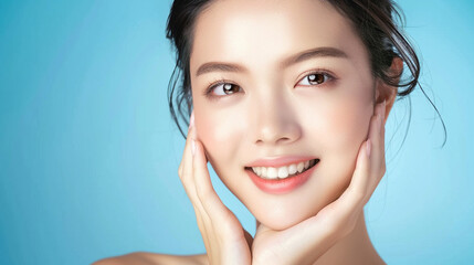 Skin care background with beautiful smiling asian girl model isolated