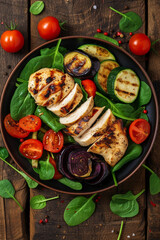 Wall Mural - Salad of grilled vegetables and chicken fillet on a wooden table, top view