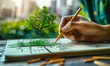 © Bartek - Person sketching a sustainable green city concept with eco friendly buildings and a tree on paper, representing urban planning and environmental conservation