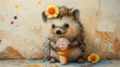 watercolor illustration of cartoon hedgehog eats ice cream, brown background