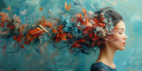 Mind with colorful splashes, butterfly and book, creative mind, exploding brain full of ideas and imagination, education and personal development