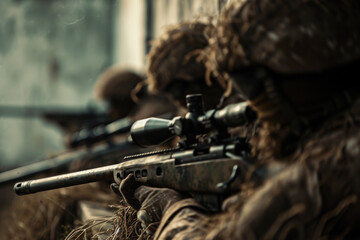Camouflaged Sniper in Ghillie Suit Aiming with Precision Rifle