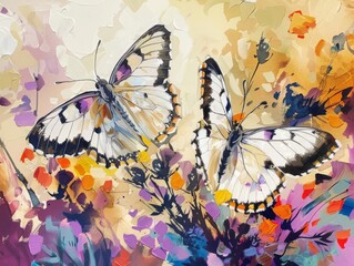 Two butterflies amidst a colorful and artistic floral background.