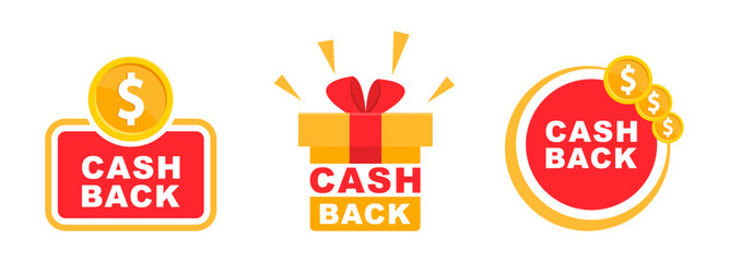 Cashback icon set. Cashback loyalty program. Money refund label. Return money service for partner program. Bonus cash back icon. Vector illustration.