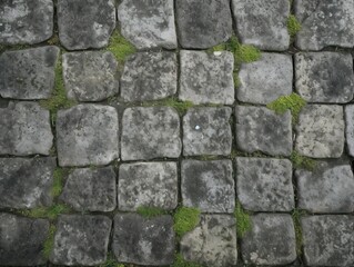 Wall Mural - Grey Old Stone Pavement Top View, Granite Cobblestone Road, Green Moss, Wet Surface