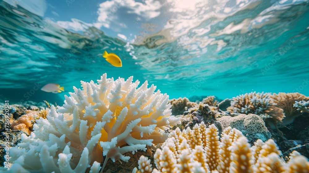 Picture of coral bleaching in a vibrant reef, symbolizing the ...