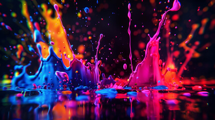 Explosion of neon paint splashes in a dark room, fluorescent colors glowing, energetic and vibrant art concept