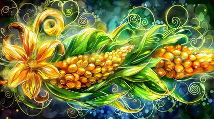  Vibrant Floral and Corn Cob Digital Artwork
