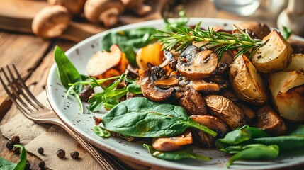 Wall Mural - Roasted boletus, Fried ceps, porcini mushrooms with baked potatoes and greens on restaurant plate