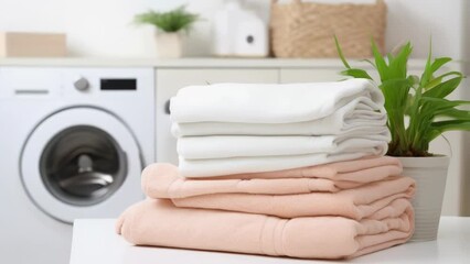 Wall Mural - Neat stack of towels by laundry appliance