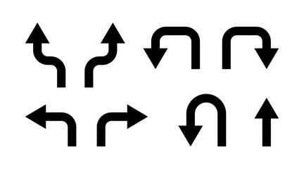 Poster - Go Straight This Way One Way Only U Turn Left and Right Black Arrow Sign Direction Icon Set. Vector Image.