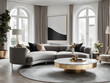 © Images Guru - Luxurious neutrals and architectural details showcase a statement spherical gold and wood coffee table