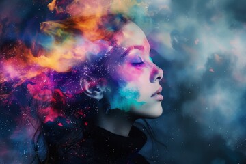 Wall Mural - Woman's portrait with cosmic space elements merged