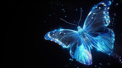 Wall Mural - beautiful blue glowing butterfly at black background, colorful light fantasy illustration	
