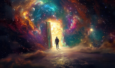 man walking into fantastic world through open door, new beginnings and new life, gate to heaven, aft