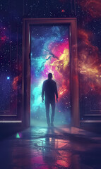 Wall Mural - man walking into fantastic world through open door, new beginnings and new life, gate to heaven, afterlife and paradise concept