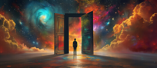 man walking into fantastic world through open door, new beginnings and new life, gate to heaven, aft