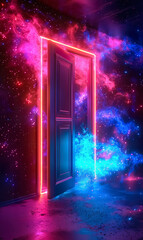 Wall Mural - open door with light at the end, new life and opportunity concept, changes and right decision, gate to fantastic world  with stars and nebulas