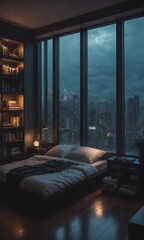 Wall Mural - Cramped bedroom with floor to ceiling glass windows overlooking a city at night