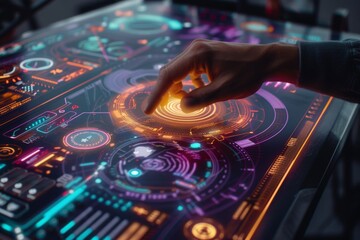 Poster - Futuristic Touch Interface Concept - A person interacting with a high-tech touchscreen interface, ideal for technology and innovation themes