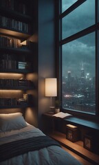 Wall Mural - Cramped bedroom with floor to ceiling glass windows overlooking a city at night