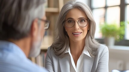 Poster - Female executive and male colleague discussing work with digital tablet in an office setting.